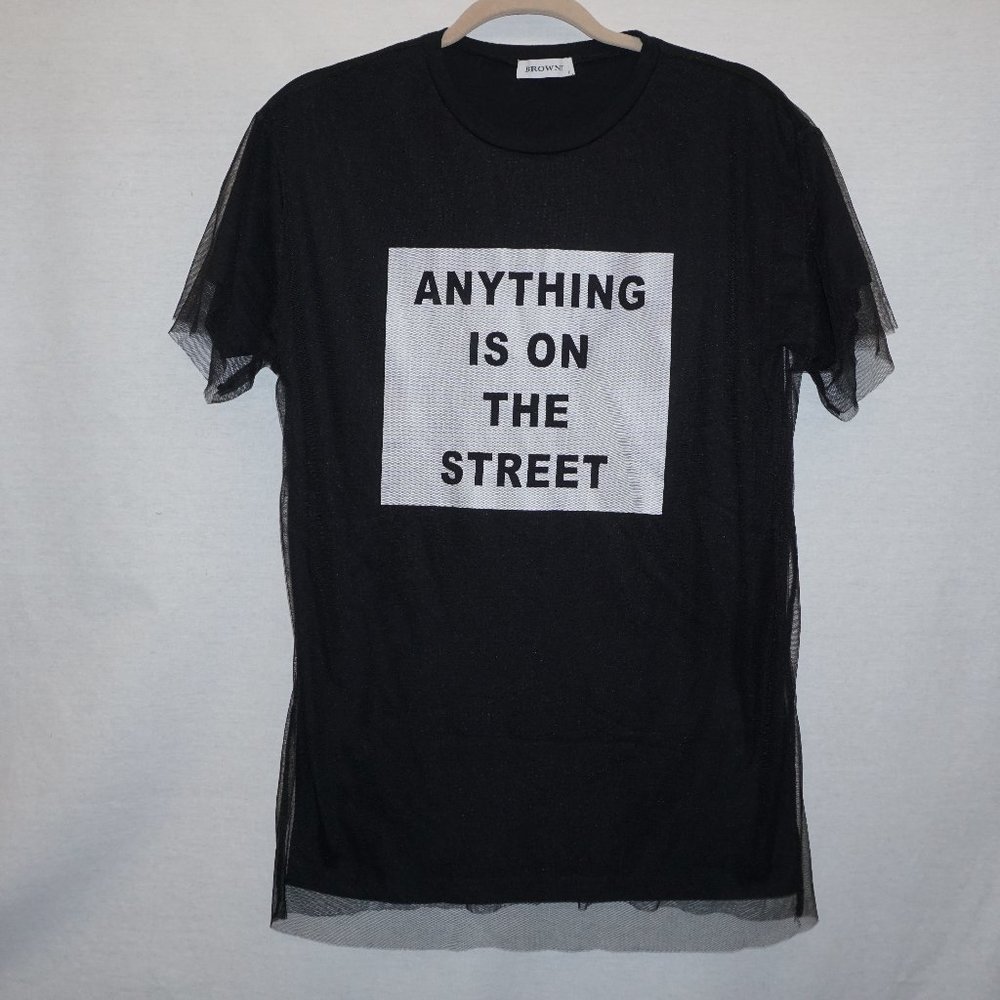 BROWNY Japanese Streetwear Tulle overlay Black tunic Tshirt F M L NEW B-35